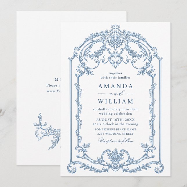 Victorian Ornate Grace Floral Dusty Blue Wedding Invitation (Front/Back)