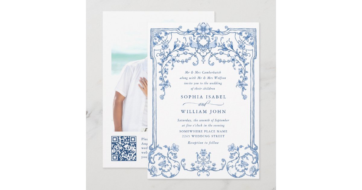 Victorian Ornate Grace Floral Dusty Blue Wedding Invitation | Zazzle