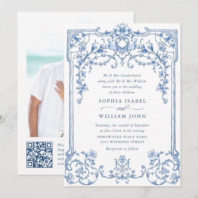 Victorian Ornate Grace Floral Dusty Blue Wedding Invitation (Front/Back)
