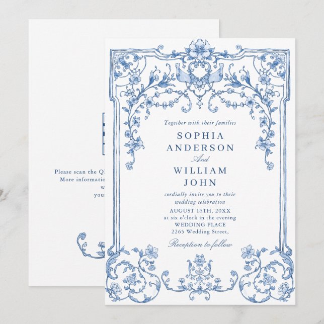 Victorian Ornate Grace Floral Dusty Blue Wedding Invitation (Front/Back)