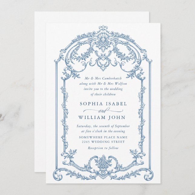 Victorian Ornate Grace Floral Dusty Blue Wedding Invitation (Front/Back)