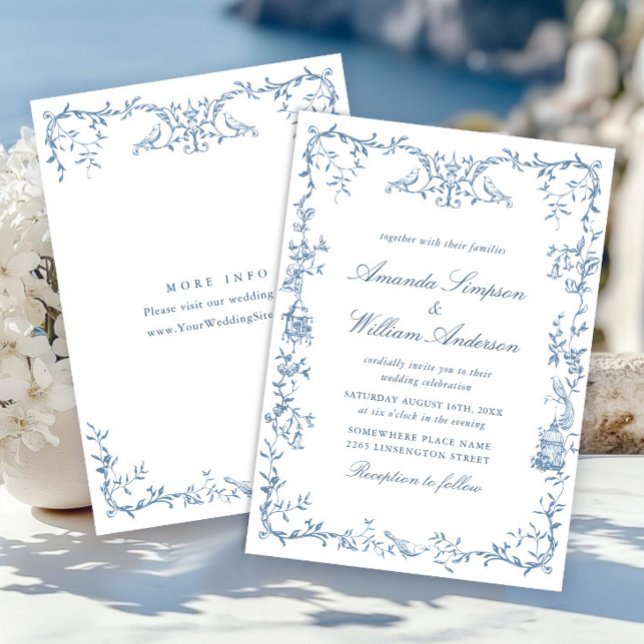 Victorian Ornate Grace Floral Dusty Blue Wedding Invitation (Creator Uploaded)