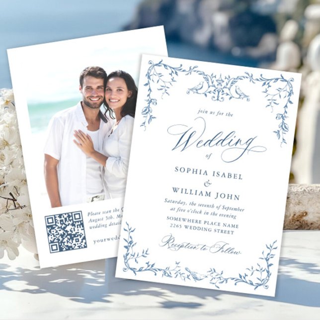 Victorian Ornate Grace Floral Dusty Blue Wedding Invitation (Creator Uploaded)