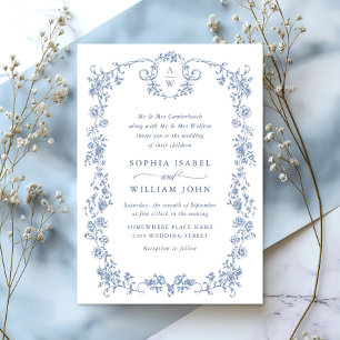 Victorian Ornate Grace Floral Dusty Blue Wedding Invitation