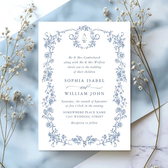 Victorian Ornate Grace Floral Dusty Blue Wedding Invitation (Creator Uploaded)