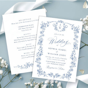 Victorian Ornate Grace Floral Dusty Blue Wedding Invitation