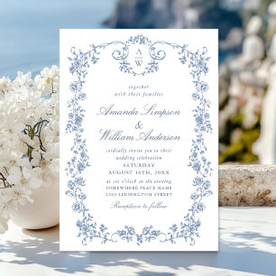 Victorian Ornate Grace Floral Dusty Blue Wedding Invitation