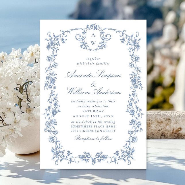 Victorian Ornate Grace Floral Dusty Blue Wedding Invitation (Creator Uploaded)