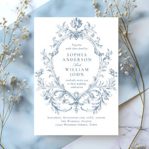 Victorian Ornate Grace Floral Dusty Blue Wedding Invitation