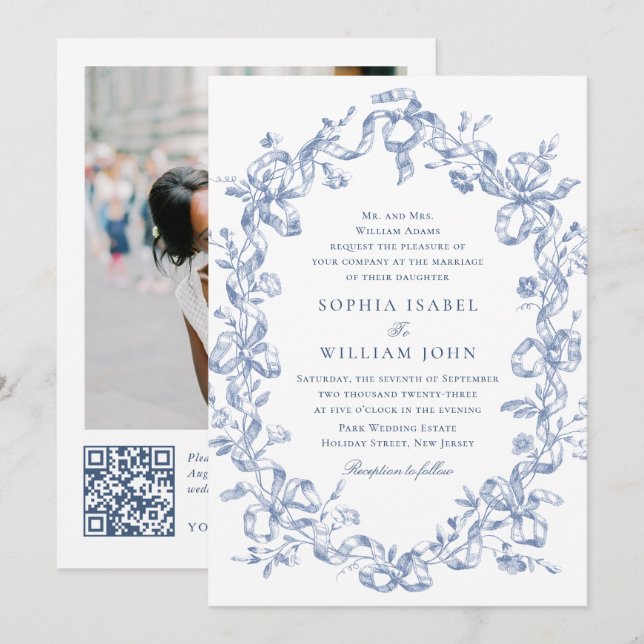 Victorian Ornate Grace Floral Dusty Blue Wedding Invitation (Front/Back)