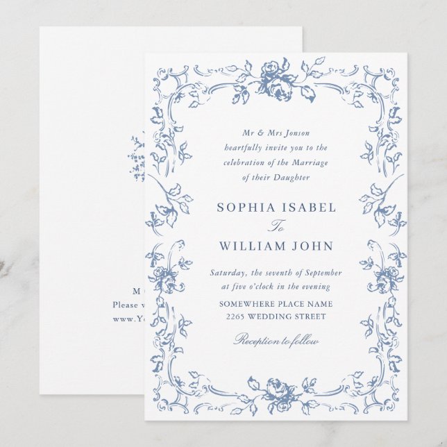 Victorian Ornate Grace Floral Dusty Blue Wedding Invitation (Front/Back)