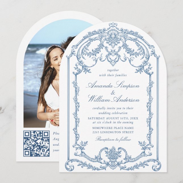 Victorian Ornate Grace Floral Dusty Blue Wedding Invitation (Front/Back)