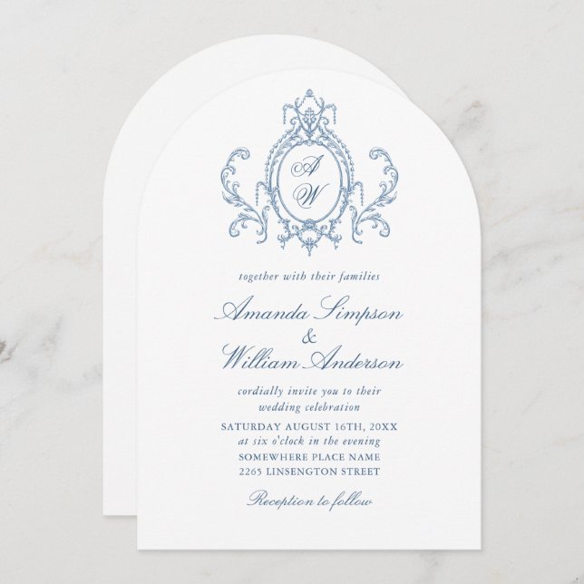 Victorian Ornate Grace Floral Dusty Blue Wedding Invitation (Front/Back)