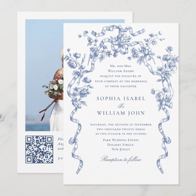 Victorian Ornate Grace Floral Dusty Blue Wedding Invitation (Front/Back)