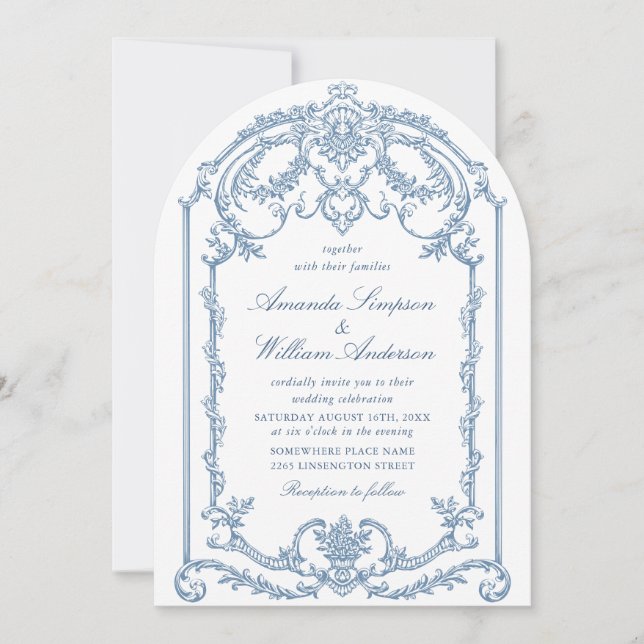 Victorian Ornate Grace Floral Dusty Blue Wedding Invitation (Front)