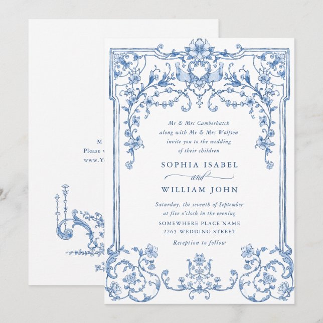 Victorian Ornate Grace Floral Dusty Blue Wedding Invitation (Front/Back)