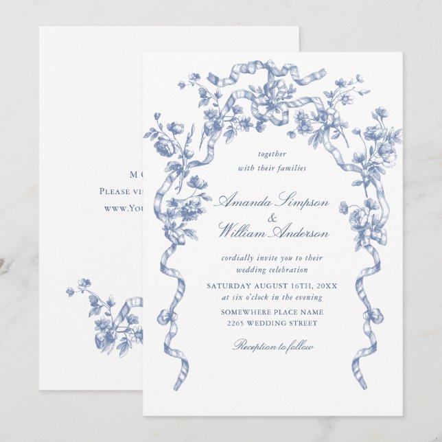 Victorian Ornate Grace Floral Dusty Blue Wedding Invitation (Front/Back)