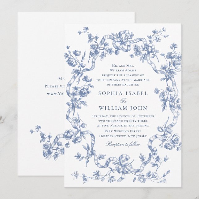 Victorian Ornate Grace Floral Dusty Blue Wedding Invitation (Front/Back)