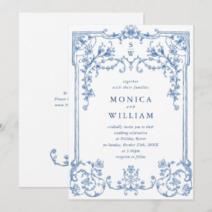 Victorian Ornate Grace Floral Dusty Blue Wedding Invitation