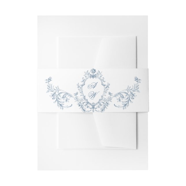 Victorian Ornate Grace Floral Dusty Blue Wedding Invitation Belly Band (Front Example)