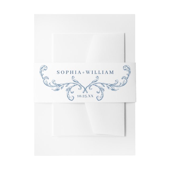 Victorian Ornate Grace Floral Dusty Blue Wedding Invitation Belly Band (Front Example)