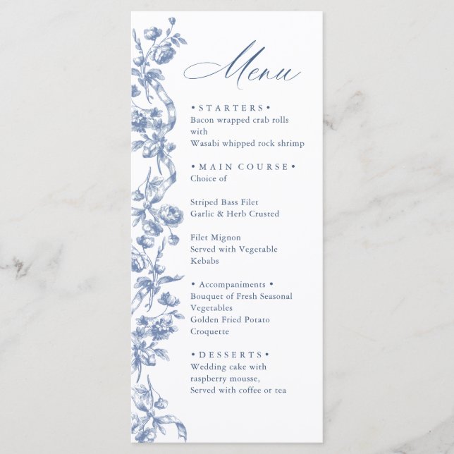 Victorian Ornate Grace Floral Dusty Blue Wedding Menu (Front)