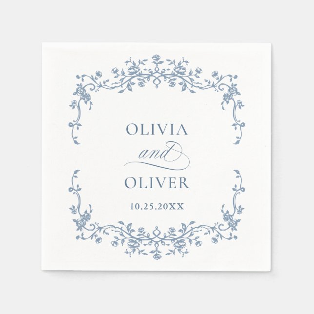 Victorian Ornate Grace Floral Dusty Blue Wedding Napkin (Front)