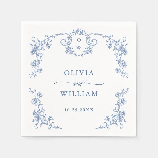 Victorian Ornate Grace Floral Dusty Blue Wedding Napkin (Front)