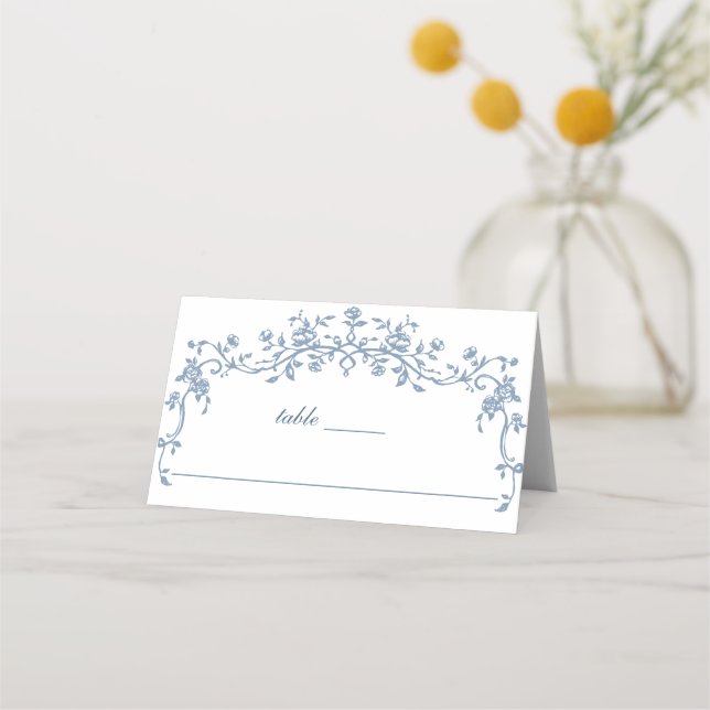 Victorian Ornate Grace Floral Dusty Blue Wedding Place Card (Front)