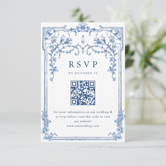 Victorian Ornate Grace Floral Dusty Blue Wedding RSVP Card (Standing Front)