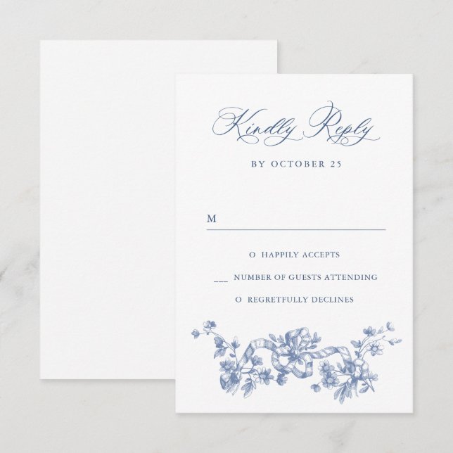 Victorian Ornate Grace Floral Dusty Blue Wedding RSVP Card (Front/Back)