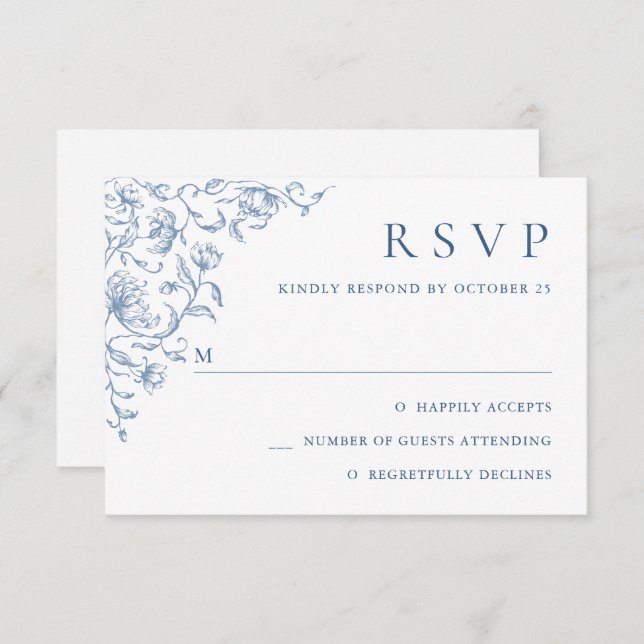 Victorian Ornate Grace Floral Dusty Blue Wedding RSVP Card (Front/Back)