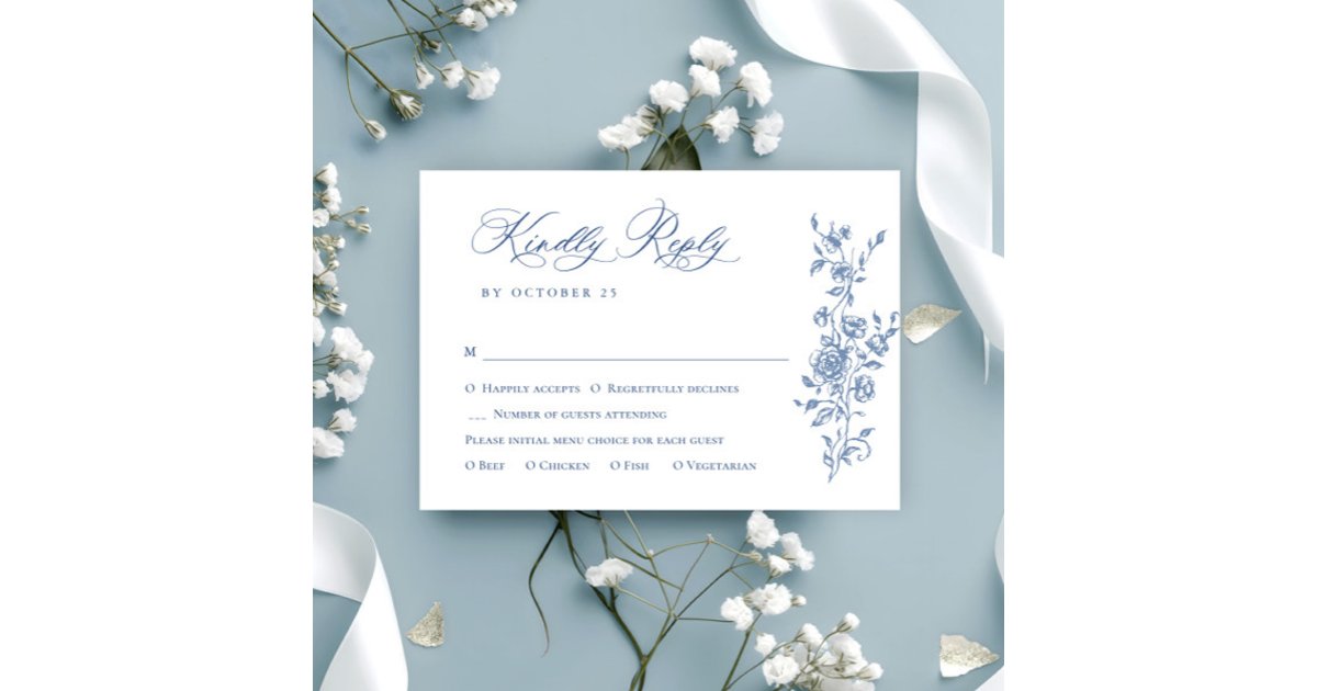 Victorian Ornate Grace Floral Dusty Blue Wedding RSVP Card | Zazzle