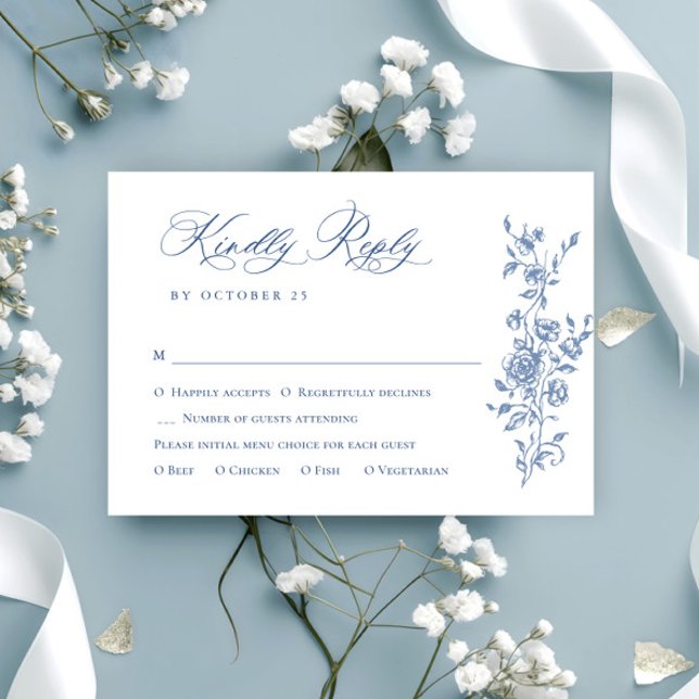 Victorian Ornate Grace Floral Dusty Blue Wedding RSVP Card (Creator Uploaded)