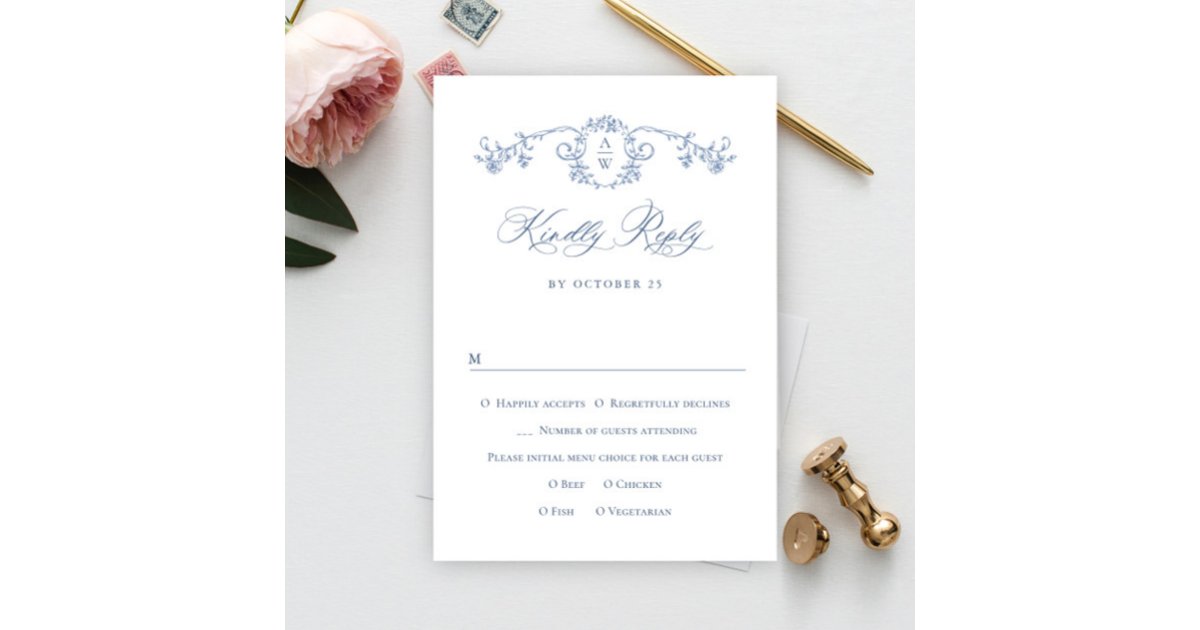 Victorian Ornate Grace Floral Dusty Blue Wedding RSVP Card | Zazzle