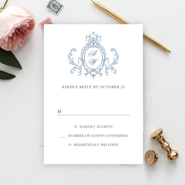 Victorian Ornate Grace Floral Dusty Blue Wedding RSVP Card (Creator Uploaded)