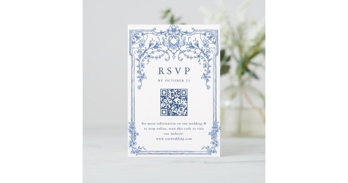 Victorian Ornate Grace Floral Dusty Blue Wedding RSVP Card | Zazzle
