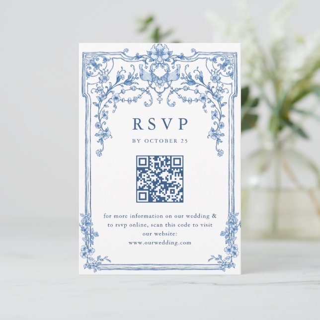 Victorian Ornate Grace Floral Dusty Blue Wedding RSVP Card (Standing Front)