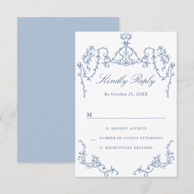 Victorian Ornate Grace Floral Dusty Blue Wedding RSVP Card (Front/Back)