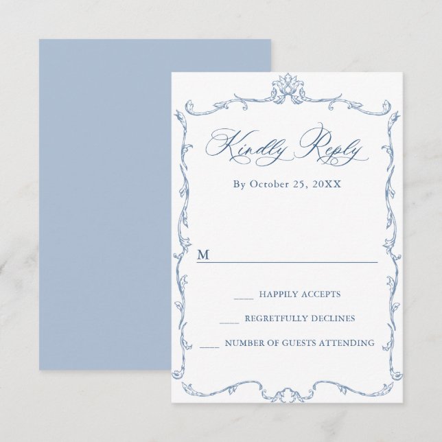 Victorian Ornate Grace Floral Dusty Blue Wedding RSVP Card (Front/Back)