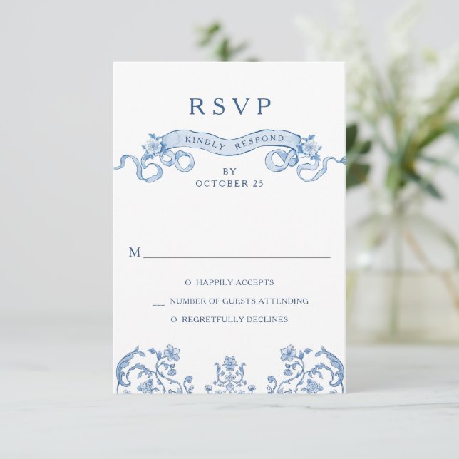 Victorian Ornate Grace Floral Dusty Blue Wedding RSVP Card (Standing Front)
