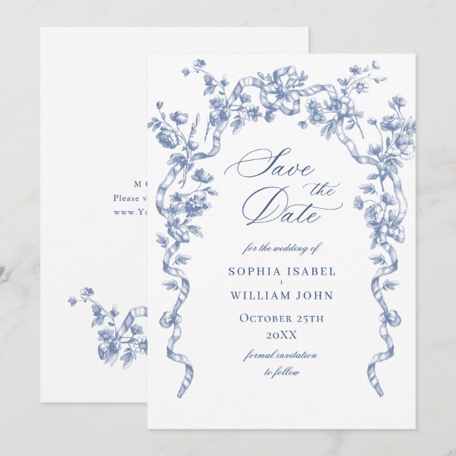 Victorian Ornate Grace Floral Dusty Blue Wedding Save The Date (Front/Back)