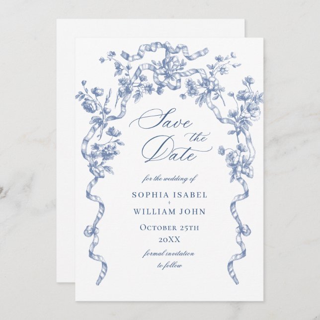 Victorian Ornate Grace Floral Dusty Blue Wedding Save The Date (Front/Back)