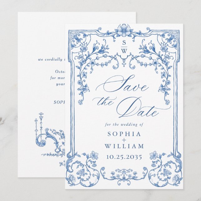 Victorian Ornate Grace Floral Dusty Blue Wedding Save The Date (Front/Back)