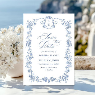 Victorian Ornate Grace Floral Dusty Blue Wedding Save The Date