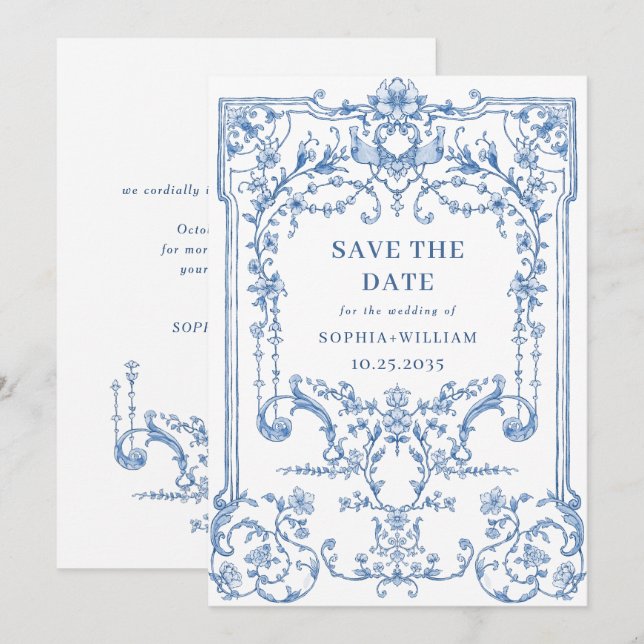 Victorian Ornate Grace Floral Dusty Blue Wedding Save The Date (Front/Back)