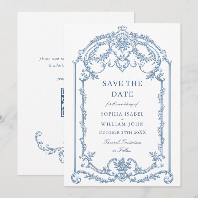 Victorian Ornate Grace Floral Dusty Blue Wedding Save The Date (Front/Back)