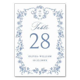 Victorian Ornate Grace Floral Dusty Blue Wedding Table Number