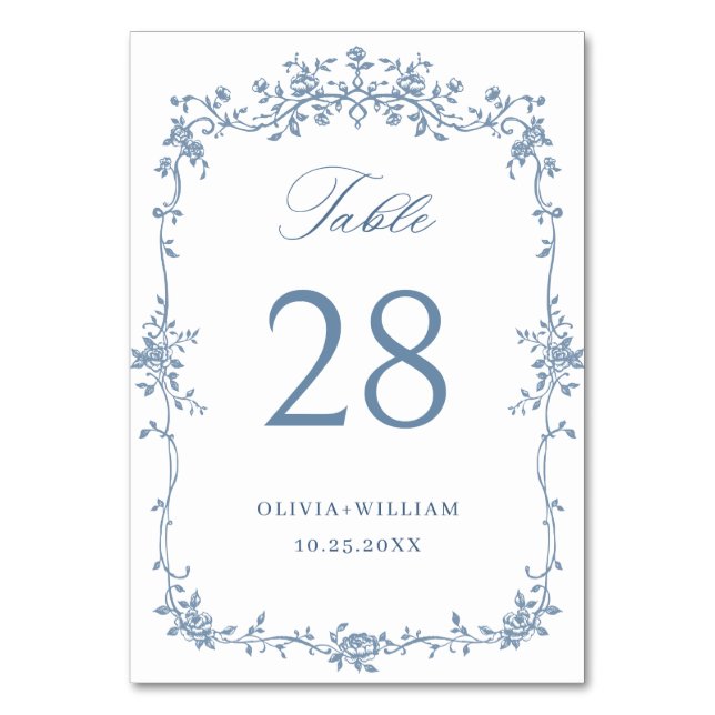 Victorian Ornate Grace Floral Dusty Blue Wedding Table Number (Front)