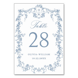 Victorian Ornate Grace Floral Dusty Blue Wedding Table Number